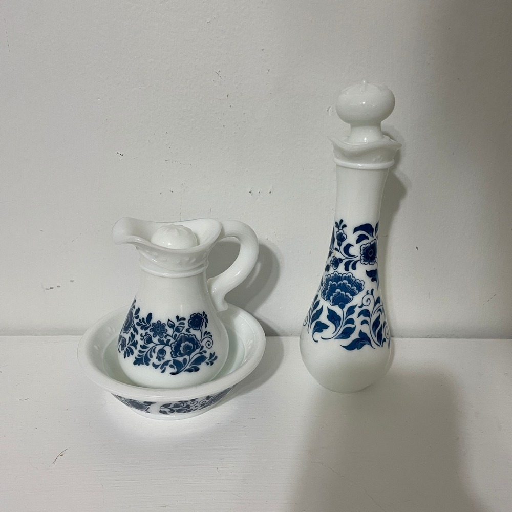 Vintage Avon Pitcher Creamer & Stopper Bottle Set Blue Floral Retro Decor Set